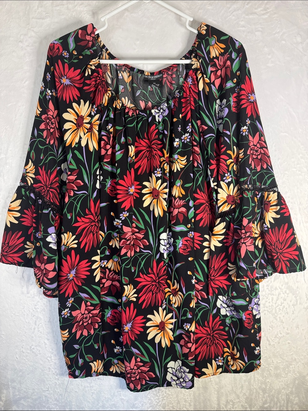 Chelsea & Theodore 3x Floral Peasant Top - Black with Red & Yellow Blooms